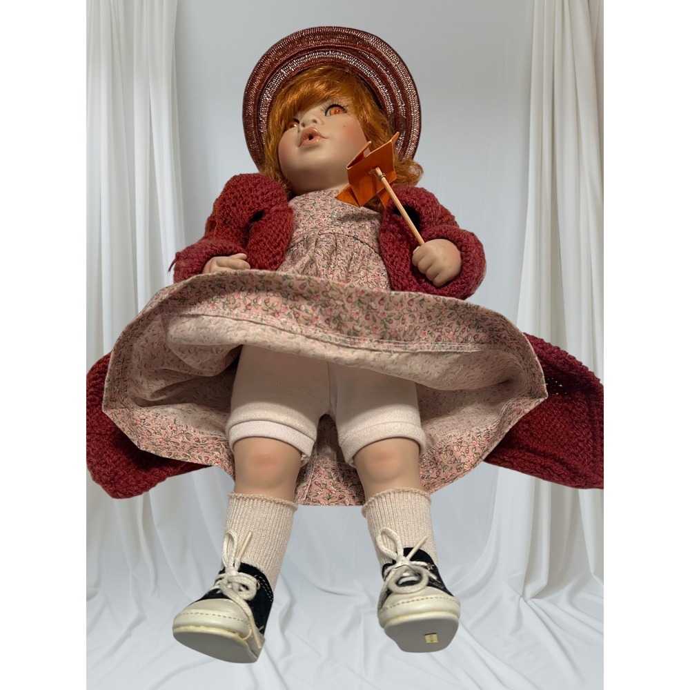 Vintage Porcelain Doll Red Hair, Floral Dress, Knit Sweater, Hat & Pinwheel - Picture 2 of 10